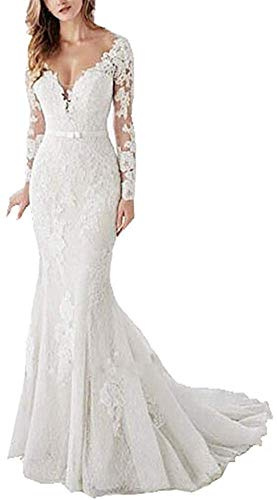Snow Lotus Abito da sposa a sirena con scollo a V da donna a maniche lunghe in tulle con applicazioni in pizzo per abiti da sposa, avorio, 44