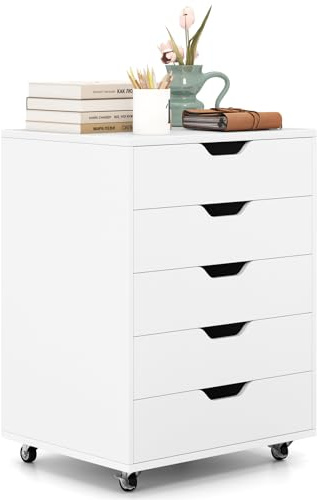 COSTWAY Cassettiera da Ufficio con 5 Cassetti e Ruote, Mobiletto Multiuso per Documenti e Cosmetici, Comodino con Ruote per Camera da letto, Studio, Ufficio e Soggiorno (Bianco)