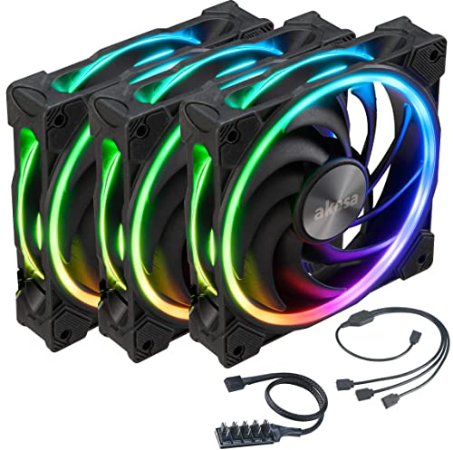 Akasa Soho AR, 120 mm Addressable RGB Case Fan, PWM Fan, with PWM Splitter Hub and 1 to 3 ARGB Splitter Cable, PC Fan for Gaming, 5 V 3 Pin ARGB LED, Pack of 3, Black, AK-FN108-KT03