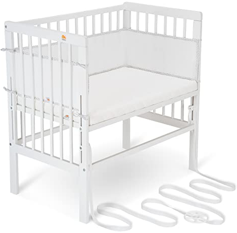 FabiMax Baby Beistellbett für Boxspringbetten, stufenlos höhenverstellbar, Buchenholz massiv weiß lackiert (mit Matratze Classic, Weiß/Punkteband)