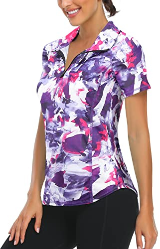 Syphiby Ladies Summer Short Sleeve Golf Sport Gym Tops Womens Polo Shirts | Women's 1/4 Zip V Neck Activewear, Workout Yoga Running Tennis Golf Tops Clothing, Quick Dry Lightweight Stretchy UPF 50+