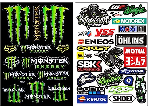 BOSYTRO 4-Teilig Monster Scratch Auto Aufkleber,Monster Energy Aufkleber-Bogen, Motocross-aufkleber, Sponsoren aufkleber,für Offroad Motorräder und Helme für Motorrad Enthusiasten (8030/8041)
