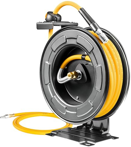 AIRZILLA Steel Retractable Air Hose Reel 3/8 Inch x 50' Feet Hybrid Polymer Hose, Heavy Duty Air Hose Reel included Auto Rewind Reel | Quick Air Coupler | Heavy Duty Steel Frame