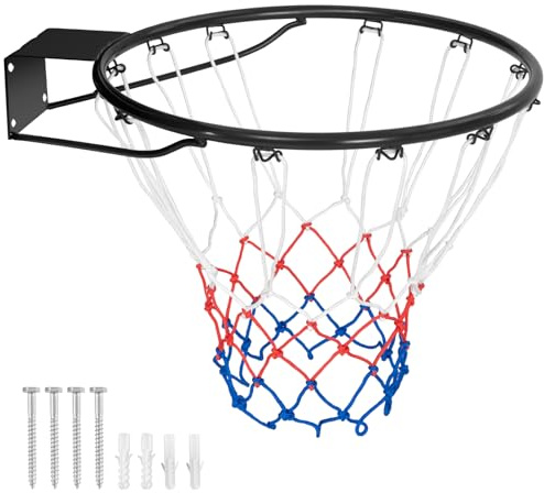 COSTWAY 15/18 Basketball Rim, Wall Door Mounted Basketball Hoop with All Weather Net, Heavy Duty Universal Basketball Rim Goal Replacement for Indoor Outdoor (38cm, Black)