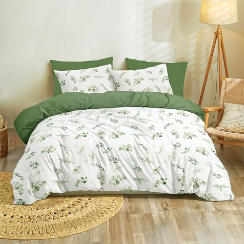 Dreamzie Copripiumino Una Piazza e Mezza 155x220 cm con 2 Federe 80x80 cm - In Microfibra - Motivo Botanico Verde Salvia - Set Copripiumino Una Piazza e Mezza 155x220