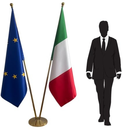 Bandiere Europa e Italia con aste e base. Bandiere per ufficio. Base 3kg. Bandiere in raso. Qualità PREMIUM ! Codice CN8-EU-IT