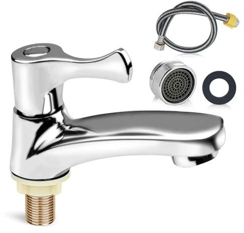 Grifo individual de agua fría, grifo de agua fría para invitados, grifo premium de agua fría con manguera de conexión de 60 cm con boca de filtro para lavabo, baño, cocina