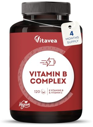 Vitamin B Complex with Vitamin C High Strength – All 8 B Vitamins (B1, B2, B3, B5, B6, B7, B9, B12) – 1 Tablet a Day – 120 Tablets – Energy & Nervous System Support – Vitavea
