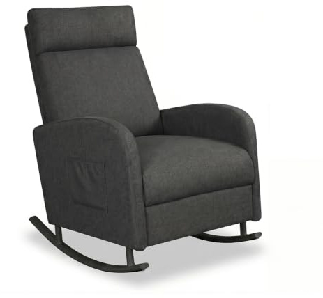 JIEXI Poltrona a dondolo, moderna sedia lounge imbottita e confortevole, poltrona in tessuto con schienale alto e tasche laterali, capacità 150 kg, poltrona accento grigia per soggiorno, camera da