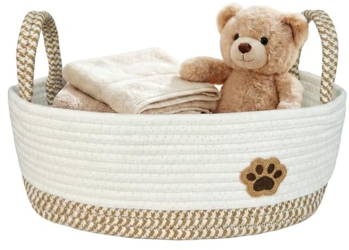SIMDAO Dog Toy Basket, Cotton Rope Dog Toy Storage, Dog Toy Box Organizer Baskets with Handle, Dogs Toy Bin for Pet Supplies, Blankets, Leashes for All Pet 34 x 22.5 x 12.5cm（Brown）