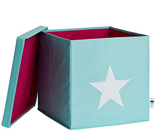 LOVE IT STORE IT Aufbewahrungsbox mit Deckel - Kallax Einsatz aus Stoff - Verstärkt mit Holz, belastbar bis 30 kg - Abwaschbar - Türkis mit weißem Stern - 33x33x33 cm