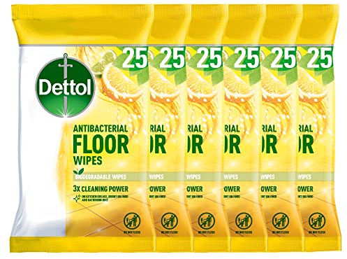 Dettol Antibacterial Citrus Floor Wipes, 150 Biodegradable Disinfectant Sheets (6X25) For Laminate, Wood, Total Clean Freshness