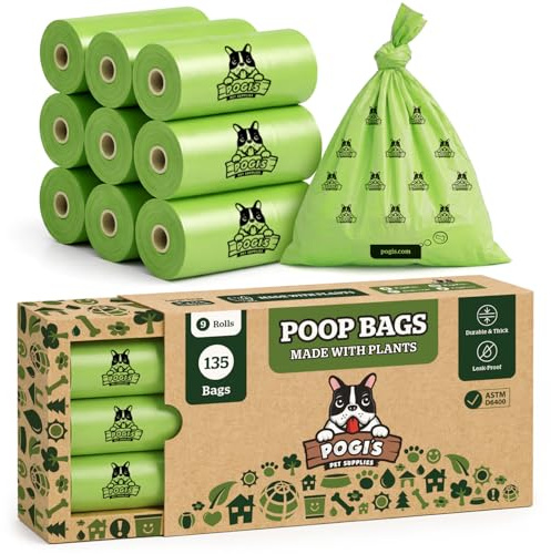 Pogi sacs à crottes pour chiens – à base de plantes, résistants et compostables (certifiés ASTM D6400) – 135 sacs