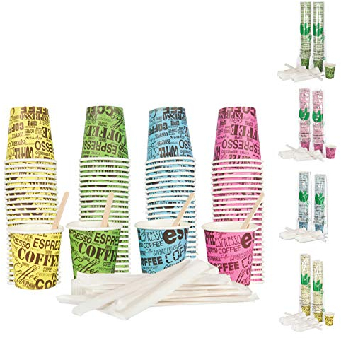 Bioaiks Lot de 100 verres à café en papier avec palettes, biodégradables, 4 couleurs, 75 ml