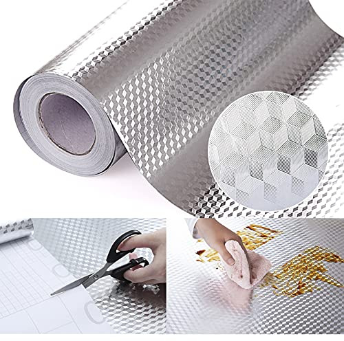 Snkxu tapet kök oljesäker klistermärke backsplash aluminiumfolie självhäftande papper silver skåp foder vattentät och värmebeständig skala av och klistra fast, 40 x 300 cm