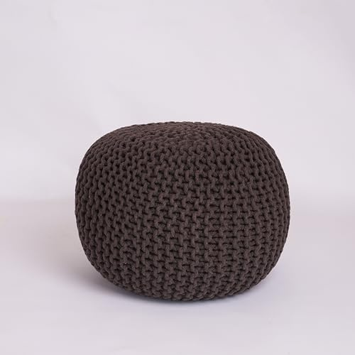 EXQUIZIT HOME Taburete redondo de punto otomano – Puf grande 100% algodón grueso tejido a mano con relleno de cuentas de poliestireno – Reposapiés suave y cómodo y asiento ocasional, 50 cm (marrón)
