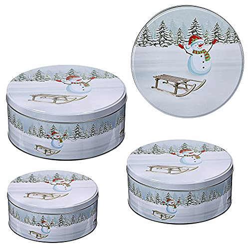 Cepewa Bakverksburk Snowman set om 3 jul | 3 storlekar rund metall | förvaring julbakverk kakburkar (1 x sats om 3 bakverksburkar Snowman)