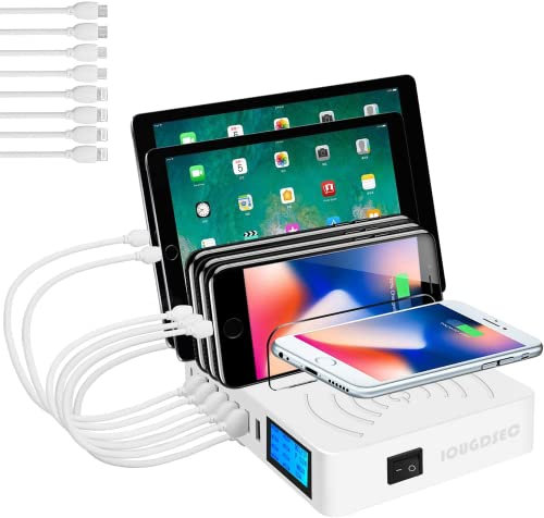 Estación de carga rápida PD20W QC3.0 multipuertos USB, estación de carga inalámbrica QI 9 en 1 para múltiples dispositivos con pantalla LCD compatible con iPhone, iPad, Samsung, Huawei y más