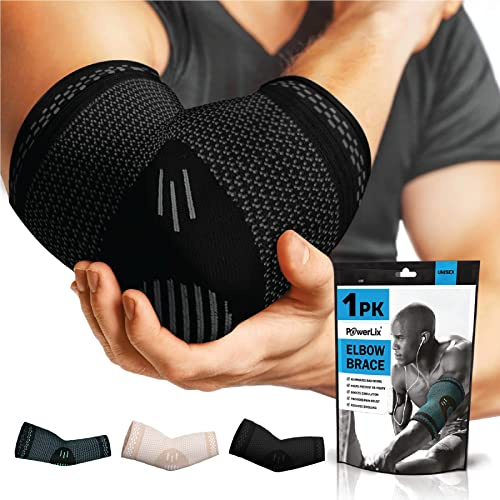 POWERLIX Armbågsbandage 1 styck, kompression armbågsbandage för kvinnor och män, för tennisarm, golfarm, sport, artrit, seninflammation, ledvärk, svart, S