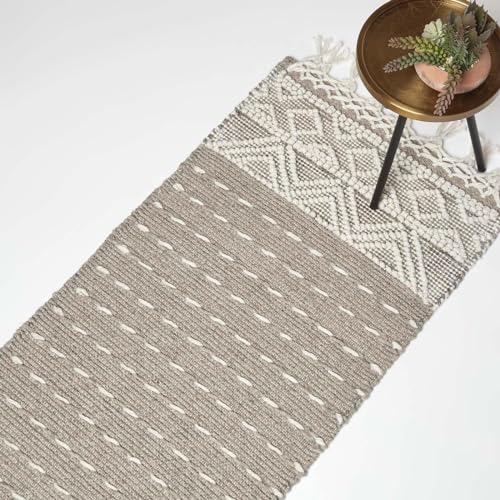 HOMESCAPES Alfombra Kilim tejida a mano beige y natural para pasillo, 66 x 200 cm, textura tradicional geométrica 'Patna' alfombra de lana y algodón con borlas