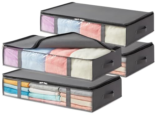 Lifewit 4 Stück 65L Unterbett Aufbewahrungsbox, Faltbare Unterbettkommode Aufbewahrungstasche Storage Boxes mit Deckel, Unterbett Aufbewahrung für Kleider Unterbett Kleiderschrank, Grau