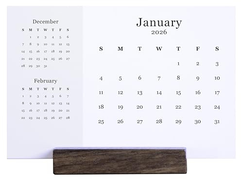 2027 Monthly Minimalist Office Desk Calendar - 3 Month Style - Wood Stand - Annual 12 Month - 4” x 6” Cards – Home Décor (3 Month Style)