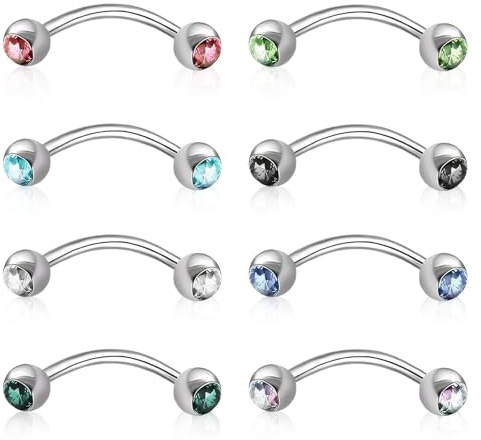 kodivenj 8 Pcs Curved Barbells Gem Eyebrow Bar Daith Tragus Ear Piercing Surgical Steel Helix 16G Rook Piercing Jewellery 8mm with Crystal Colour Balls for Women Men