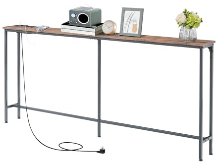 GOKHOMX Mueble Recibidor Estrecho Mesa Consola Estrecha 180cm Consolle per Ingresso Stretto,con Estaciones de Carga,2 Puertos USB,para sofá para Entrada, Pasillo, vestíbulo, salón,Vintage marrón