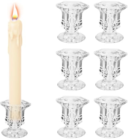 YHNDECO Glass Candle Holder for Candlestick, 6Pcs Clear Candle Holders Thicker Glass Candle Sticks Set, Taper Hexagonal Candlestick Holders for Wedding, Festival, Party & Table Decoration(B-Shape)
