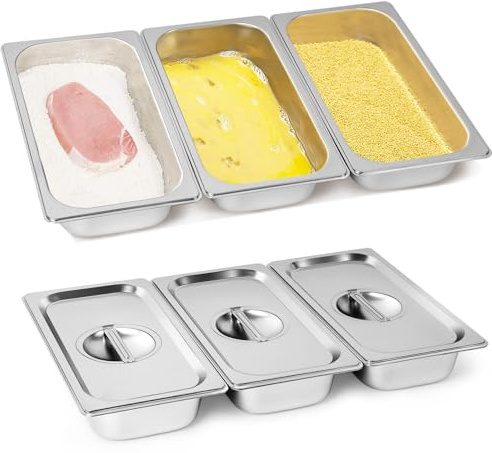Gucass Lot de 3 bols à paner avec couvercle en acier inoxydable GN 1/3 - 32,5 x 17,5 x 6,5 cm - Récipient rectangulaire en métal - Idéal pour les escalopes, la viande, le poisson