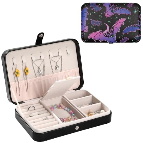 Buxainnsg Halloween Basket Stuffers Bat Black Leather Jewelry Travel Case Personalized Jewelry Box for Women Men Girls Boys Portable Jewellery Storage Travel Earring Organizer Ring Case Box Bracelet