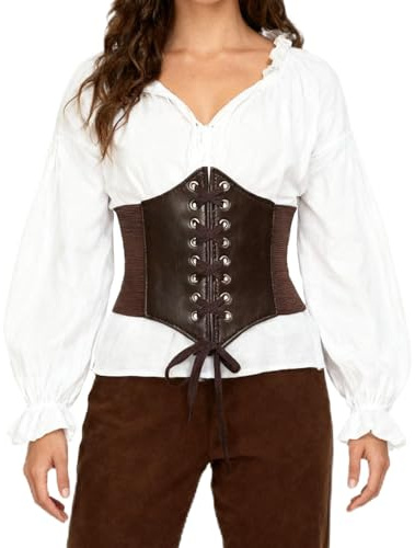 Corset Pirate Femme,Bustier Ceinture Corset Noir Marron,Cuir Robe Costume Medieval Accessoires,Steampunk Leather Bustiers Et Corsets Femme,pour MédiéVal Viking Pirate Déguisement (Marron/Taille M)