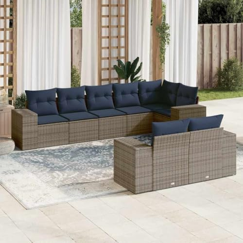 Teenpull Ensemble de 8 canapés de jardin gris en rotin synthétique - Mobilier d'extérieur modulaire avec coussins bleu marine - Résistant aux UV - Groupe salon confortable