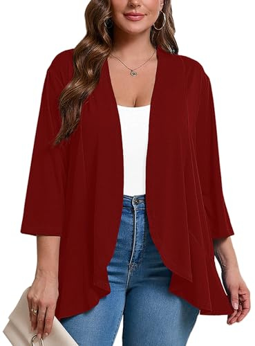 AusLook Women's Plus Size 3/4 Sleeve Draped Ruffle Hem Open Front Cardigan | Cardigans for woman, 3/4 Sleeve Draped Ruffle Kimono Jacket, Open Front Lightweight Coat, Soft Casual Summer Fall Daily Tops