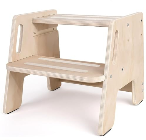 Kottwca Wooden Step Stool, 2 Step Stool for Kids with Safety Strip & Handle | Adjustable Step Height, 330lbs Capacity, Non-Slip Sturdy Kids Stool for Bathroom, Sink, Kitchen, Toilet and Bedroom