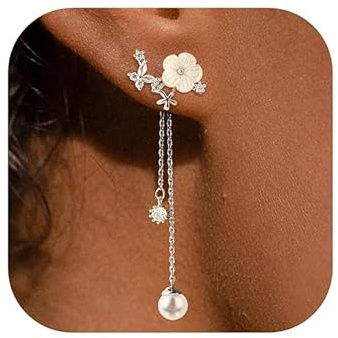Boucle d'oreille Perle Fleurs Boucles d'oreilles Pendantes Femme Strass Boucle d Oreille pour Valentin, Cadeau, Mariage, Anniversaire