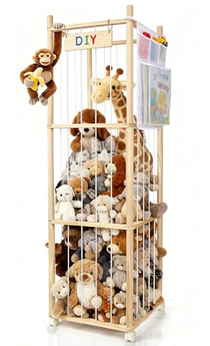 Stuffed Animal Storage Organizer, Wooden Zoo Stuffed Animal Holder with Wheels, Large Capacity Organizer with Storage Bag, Toy Organizer with Elastic Cords for Playroom, Bedroom, Nursery