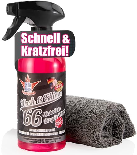 Shinykings Wash & Shine BICYCLE | Wasserloser Fahrradreiniger für unterwegs | Biologisch abbaubar | 0,5 L Spray + Tuch | Extra stark | Kratzfrei | Fahrrad Reinigungsset und Fahrrad Pflegeset für BIKE