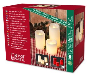 Konstsmide LED Echtwachskerzen 3er-Set, rot, zerlaufene Wachsoptik, 6, 5 - 12, 5 cm, 6 warm weiß flackernde Dioden, 3V Innentrafo, transparentes Kabel - 1968-550