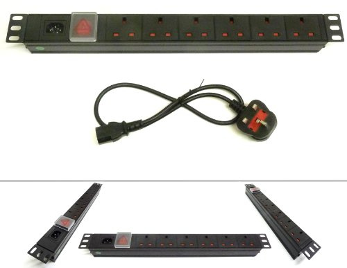 Comms2Go 19 6-Way Detachable Power Strip, UK Extension PDU, Data IEC Rack Cabinet Mount, Black, Plastic, 13 Amps, 240V AC, 1m Cable