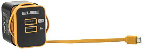 ELBE Carg-2000-N Cargador USB de pared 2xUSB + micro USB, para 3 dispositivos, compatible con smartphones, tablets, mp3, carga inteligente, color negro naranja