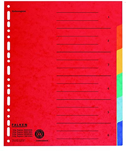 Falken Karton-Register für DIN A4 24 x 29,7 cm volle Höhe mit Organisationsdruck (6-teilig)