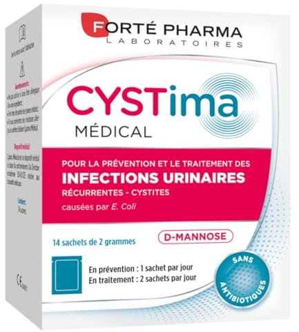 Forté Pharma - Cystima Medical - Cystites, infection urinaire femme, Prévention et traitement - D mannose d'origine végétale - Solution 100% naturelle - 14 Sachets, 1-2/jour