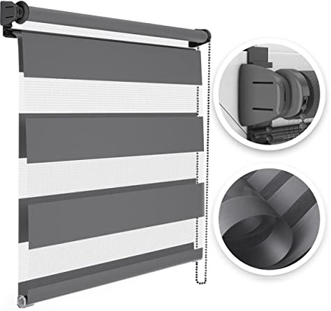 Estika Doppelrollo Montage ohne Bohren - Stoffbreite: 70 cm, Höhe: 150 cm, Farbe: Grau - Tag und Nacht Duo Rollo