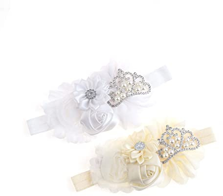 Nishine Cerchietto per capelli da battesimo in tessuto elasticizzato per neonato, confezione da 2 pezzi (bianco/avorio)