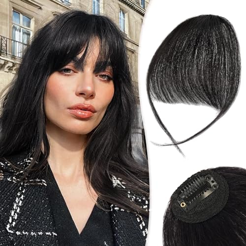 RUWISS Clip in Pony 100% Haarteil Echthaar Clip in Bangs mit Schläfen Remy Echthaar Fringe Bangs für Frauen Pony Extension Echthaar für Damen(Natürliches Schwarz)