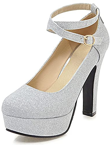 Bviennic Bride Sposa Brillantini con Cinturino alla Caviglia Tacco Alto Pump Punta Rotonda Eleganti Plateau Festa Scarpe Tacco A Blocco Argento Numero 38 Eu-39Cn