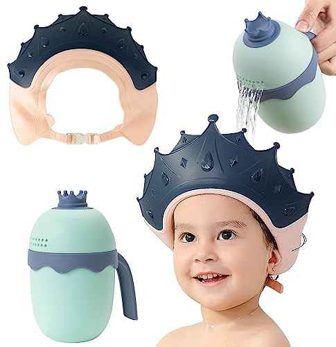 FUNUPUP Baby Shower Cap for Kids, Adjustable Toddler Hair Washing Shield with Shampoo Rinse Cup Bathing Cap Baby Shower Visor Shampoo Cap（Crown Blue)