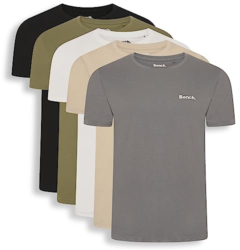 Bench Men's Envoy Everyday T-Shirt Multipack, Assorted Plain Colours, 100% Cotton, 5 Pack, Crew Neck Classic Fit Short Sleeve Tee, Everyday Men's Clothing, Large