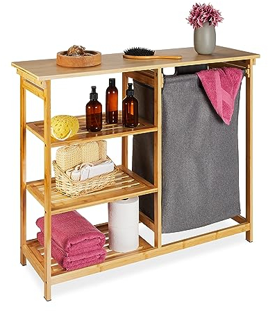 Relaxdays Estantería Cesto Ropa Sucia, Bambú, 3 Baldas, Saco Colada Extraíble, 82 x 100 x 32 cm, Canasto Baño, Natural, Algodón